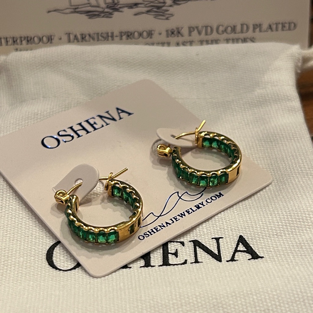 Oshena Designer Beachwear Emerald Green Gold Hoop Earrings New Release!